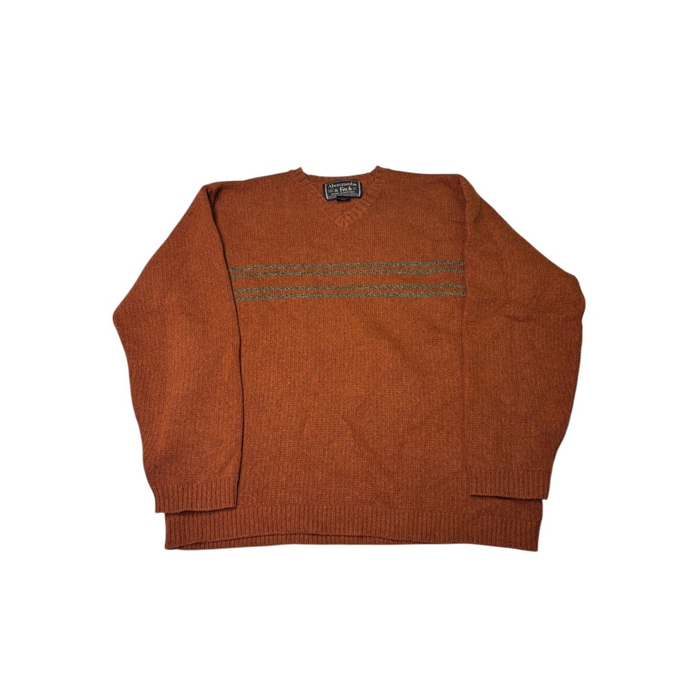 Vtg 90s‎ Abercrombie Fitch Mens V Neck Sweater Orange Lambswool Blend Striped L